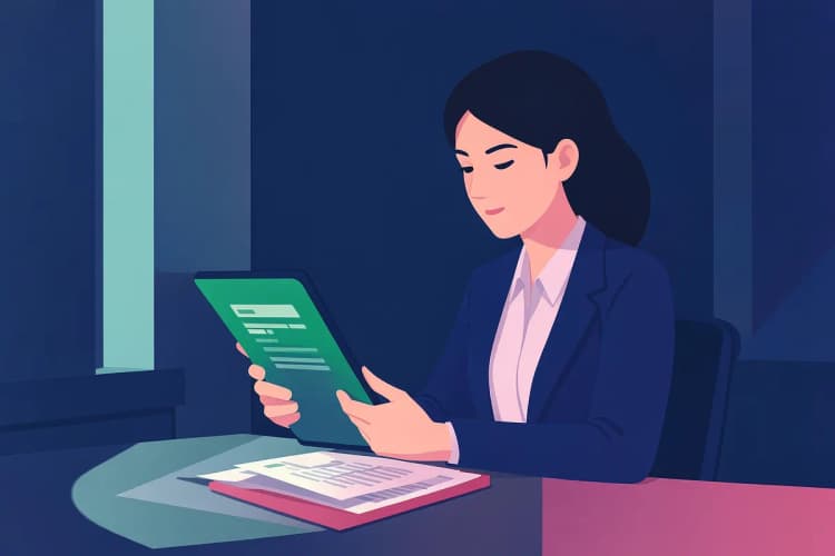Uma mulher de negócios com um tablet na mão, em plano médio, analisa documentos em uma mesa em um escritório iluminado pela luz do dia.
