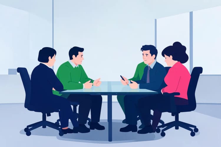 Um grupo de pessoas em um ambiente de escritório moderno, em plano médio, discutindo em volta de uma mesa.