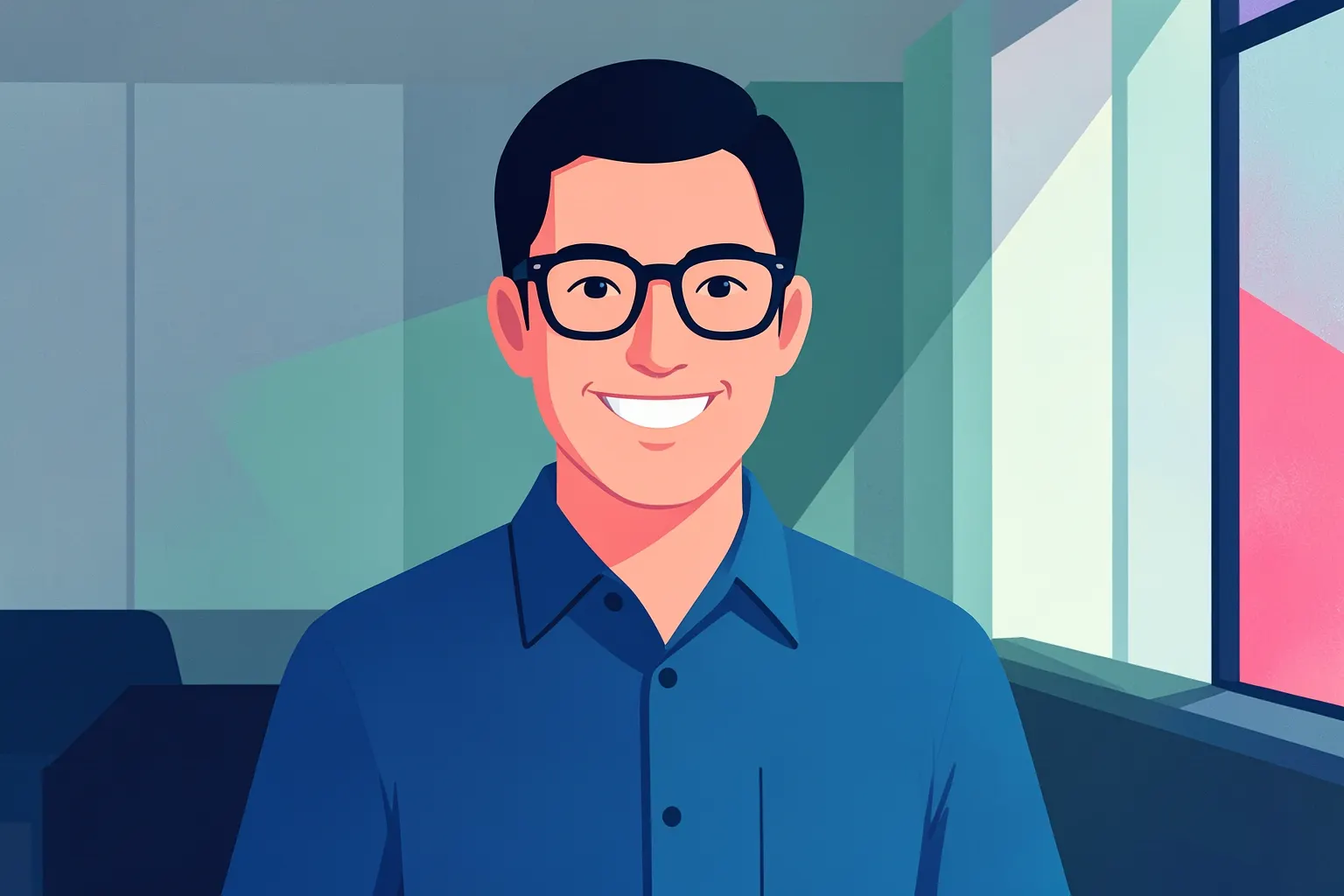 Um homem de óculos e camisa social azul, em plano médio, sorri para a câmera em um escritório moderno com luz natural vinda da janela à sua direita.