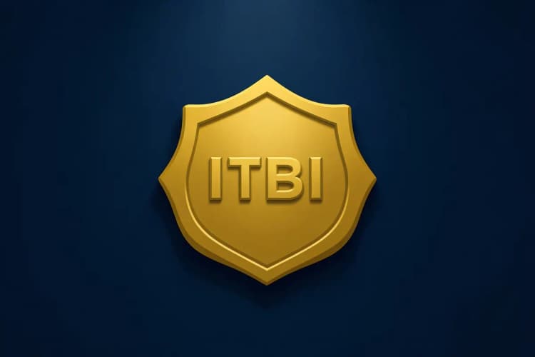 Um selo dourado com a inscrição "ITBI" em relevo sobre um fundo azul escuro, simulando um documento oficial. A luz incide sobre o selo, criando sombras sutis.