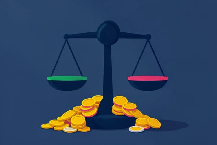 Uma balança da justiça com um martelo de juiz em cima de uma pilha de moedas de ouro e prata, simbolizando a diferença entre os impostos. A luz suave ilumina a cena.