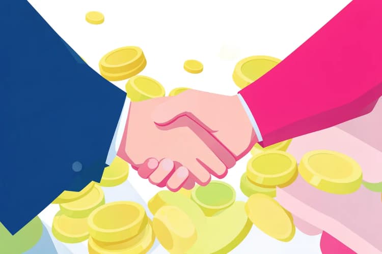 Duas mãos apertando uma terceira mão, com moedas de ouro caindo ao fundo, representando a dualidade do pagamento de impostos. A luz é clara e direta.