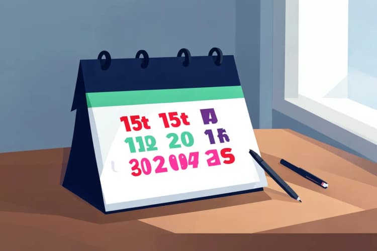 Um calendário com o dia 15 marcado em vermelho, sobre uma mesa de madeira com uma caneta ao lado. A luz do dia entra pela janela.