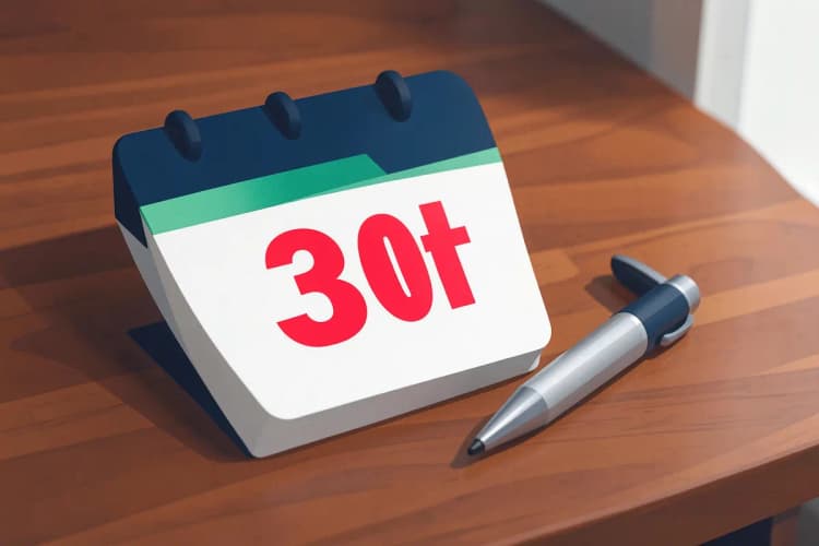 Um calendário com o dia 30 marcado em vermelho, sobre uma mesa de madeira com uma caneta ao lado. A luz do dia entra pela janela.
