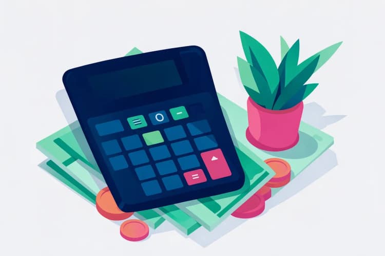Uma calculadora sobre notas de dinheiro e moedas, com uma planta crescendo ao lado, simbolizando o cálculo e o crescimento do valor. A luz é suave e vinda de cima.