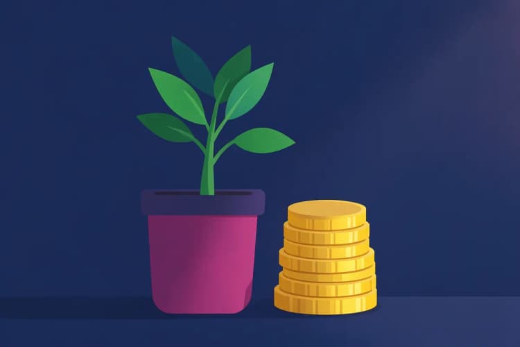 Uma planta crescendo em um vaso, com moedas de ouro empilhadas ao lado.