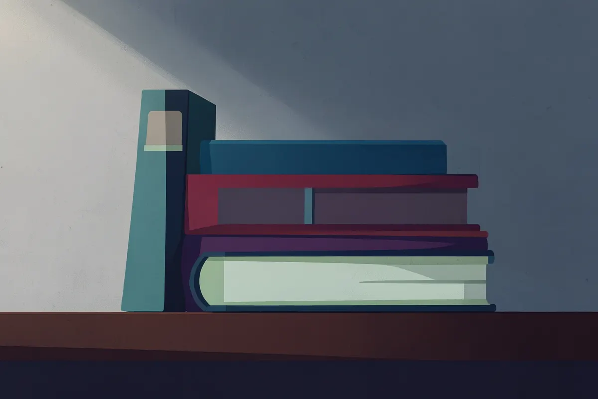 Uma pilha de livros antigos em uma estante de madeira escura.