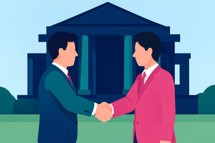 Um aperto de mãos entre duas pessoas em frente a um prédio governamental com colunas, simbolizando acordos e leis.