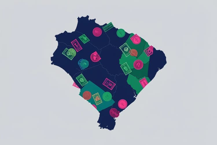 Um mapa do Brasil com selos fiscais e moedas espalhados sobre ele, em uma mesa.