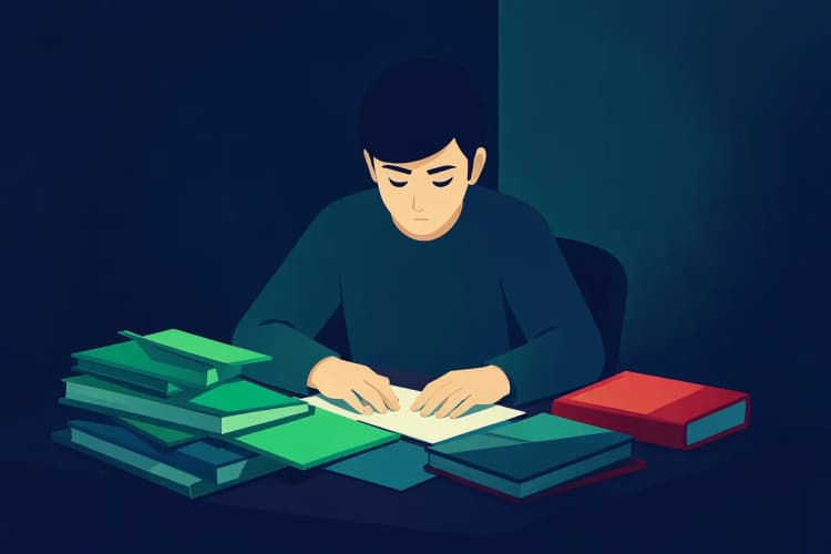 Uma pessoa sentada em uma mesa com muitos livros e papéis, estudando intensamente.