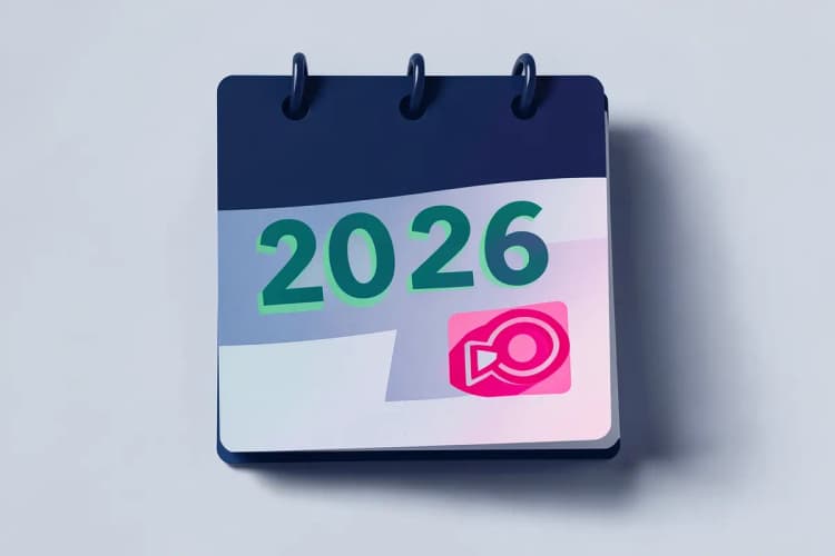 Um calendário com o ano 2026 em destaque e um selo de atualização, simbolizando novas leis.