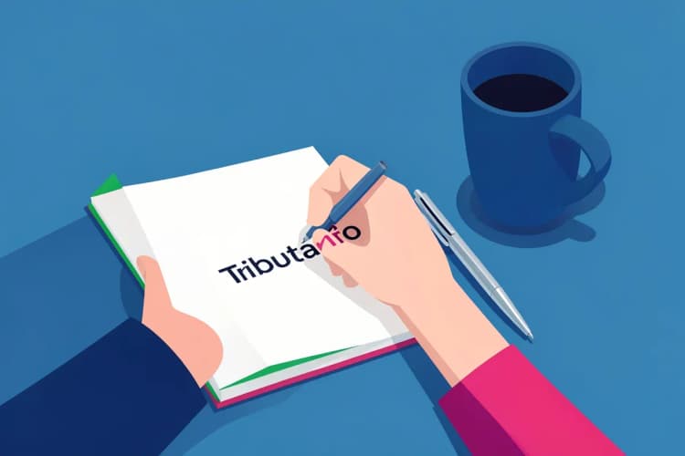 Pessoa escrevendo em um caderno com a palavra "Tributário" em destaque, com uma caneta e um copo de café ao lado.