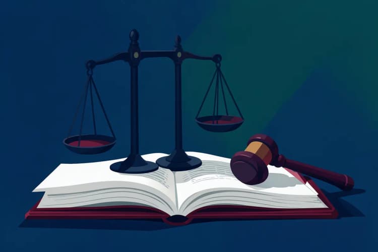 Uma balança da justiça em cima de um livro de leis aberto, com um martelo de juiz ao lado.