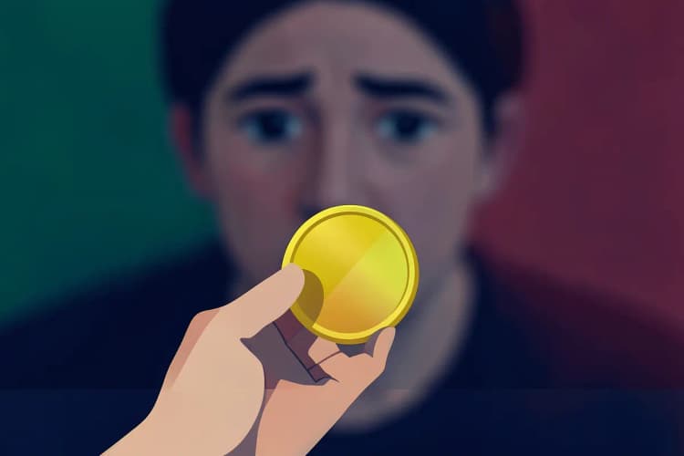 Uma mão segurando uma moeda de ouro com uma expressão de preocupação no rosto.