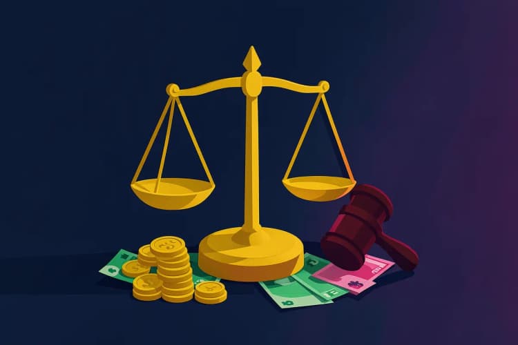 Uma balança da justiça com um martelo de juiz ao lado, sobre uma pilha de moedas de ouro e notas de dinheiro dobradas.