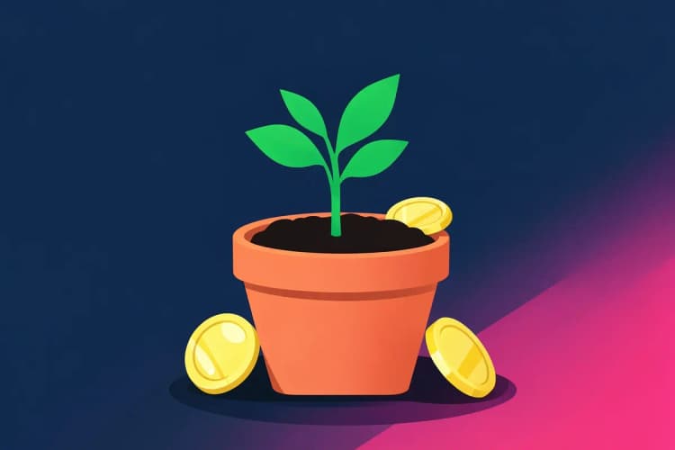 Uma planta crescendo em um vaso, com moedas de ouro saindo da terra.