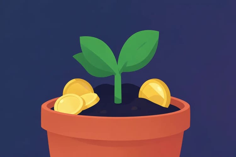 Uma planta crescendo em um vaso, com moedas de ouro saindo da terra.