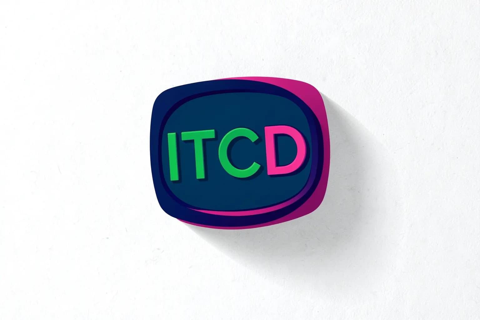 Um carimbo com a sigla ITCD em destaque sobre um fundo branco texturizado, com uma sombra projetada.