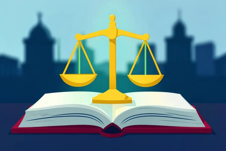 Uma balança da justiça dourada em cima de um livro grosso e aberto, com um fundo desfocado de prédios governamentais.