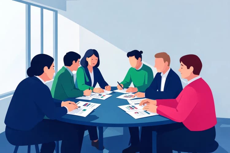 Um grupo de pessoas diversas reunidas em volta de uma mesa, discutindo documentos e gráficos.
