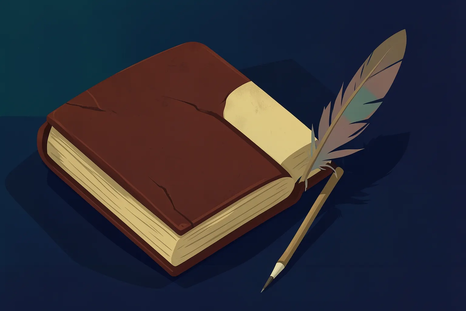 Um livro antigo com páginas amareladas abertas sobre uma mesa de madeira escura, com uma pena pousada ao lado.