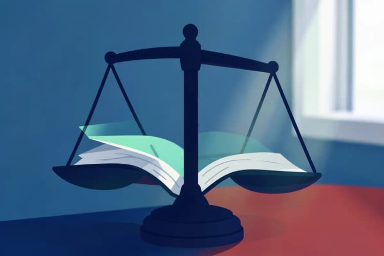 Uma balança da justiça com um livro de leis aberto em cima, em um fundo de escritório desfocado.