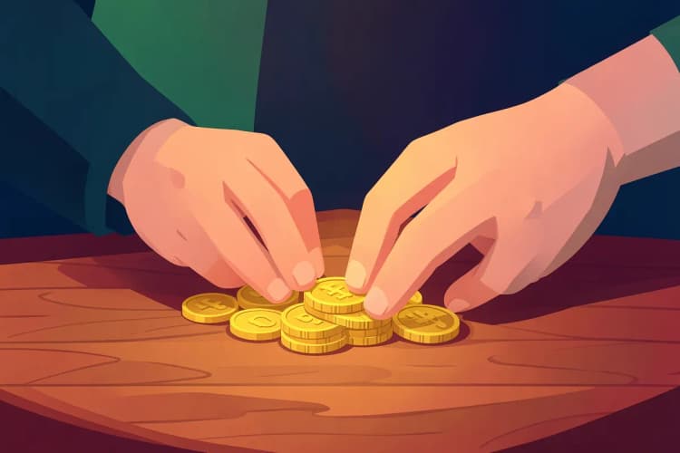 Uma pessoa contando moedas de ouro em uma mesa, com uma pilha de moedas ao lado.