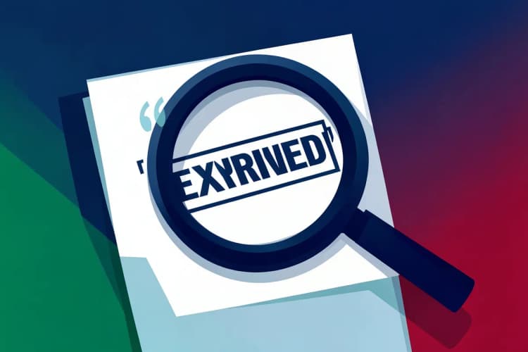 Um documento com um carimbo de "expirado" e uma lupa, em um fundo escuro.