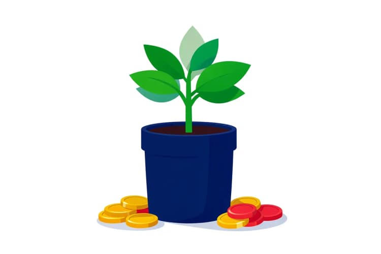 Uma planta crescendo em um vaso, com moedas de ouro ao redor da base, em um fundo claro.
