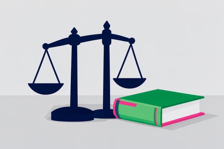 Balança da justiça com um livro de leis ao lado, em cima de uma mesa.