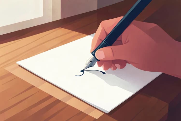 Uma mão escrevendo em um papel com uma caneta tinteiro, sobre uma mesa de madeira.