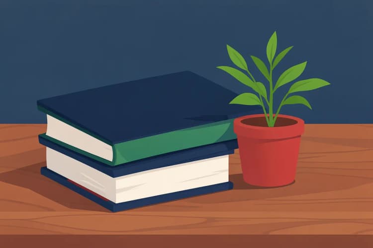 Uma pilha de livros de direito sobre uma mesa de madeira, com uma pequena planta crescendo ao lado.